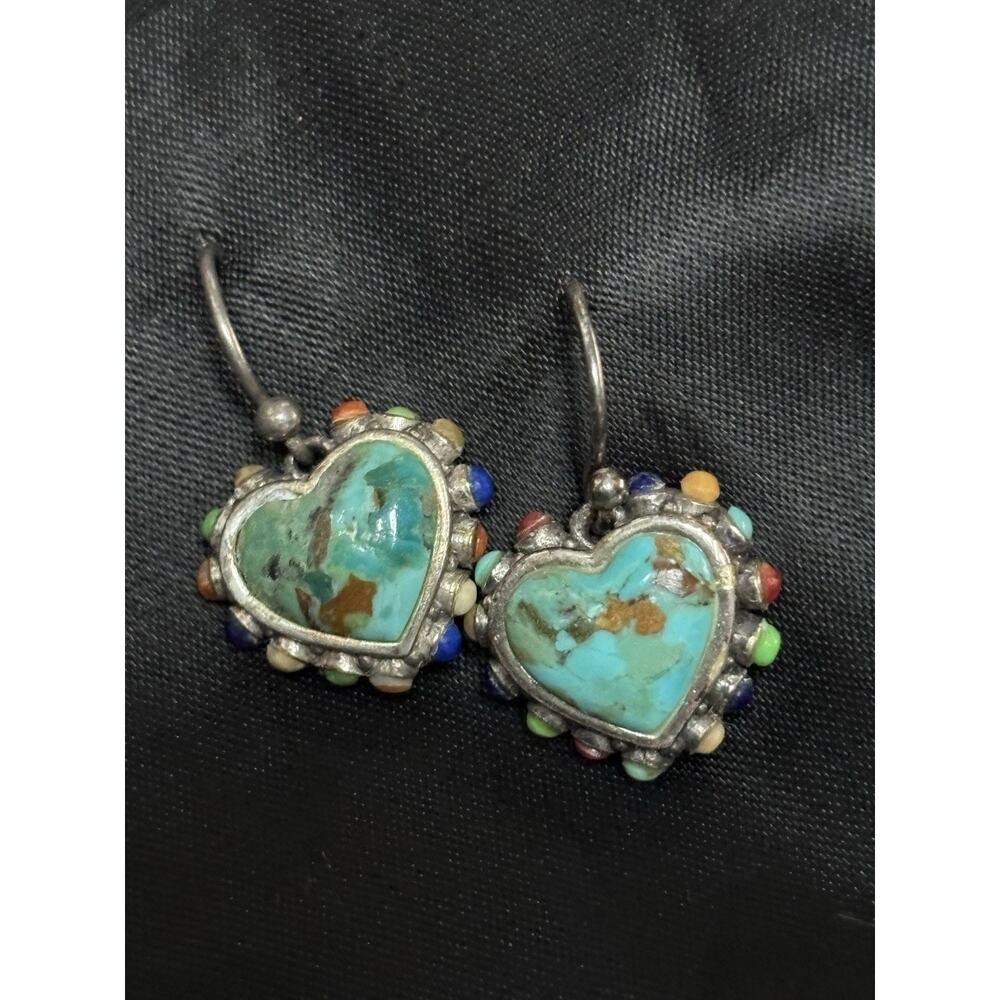 Barse 925 Sterling Turquoise Heart Dangle Earrings With Multi Gemstone Accent 1" - Picture 7 of 10